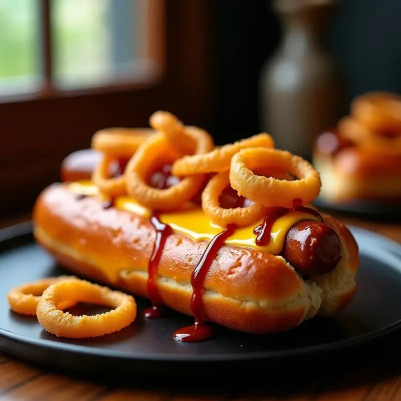 Perro Caliente con Pan de Donut, Salchicha Ahumada y Toppings de Queso Fundido y Cebolla Crujiente