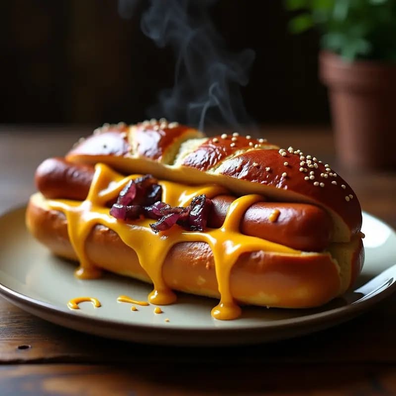 Perro Caliente con Pan de Pretzel y Toppings de Mostaza Dulce, Cebolla Caramelizada y Queso Cheddar