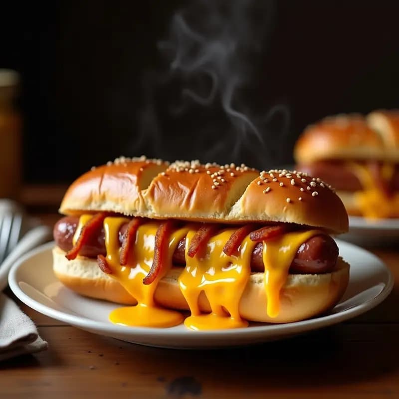 Perro Caliente con Pan de Pretzel y Queso Cheddar Derretido: Snack Alemán-Americano Irresistible
