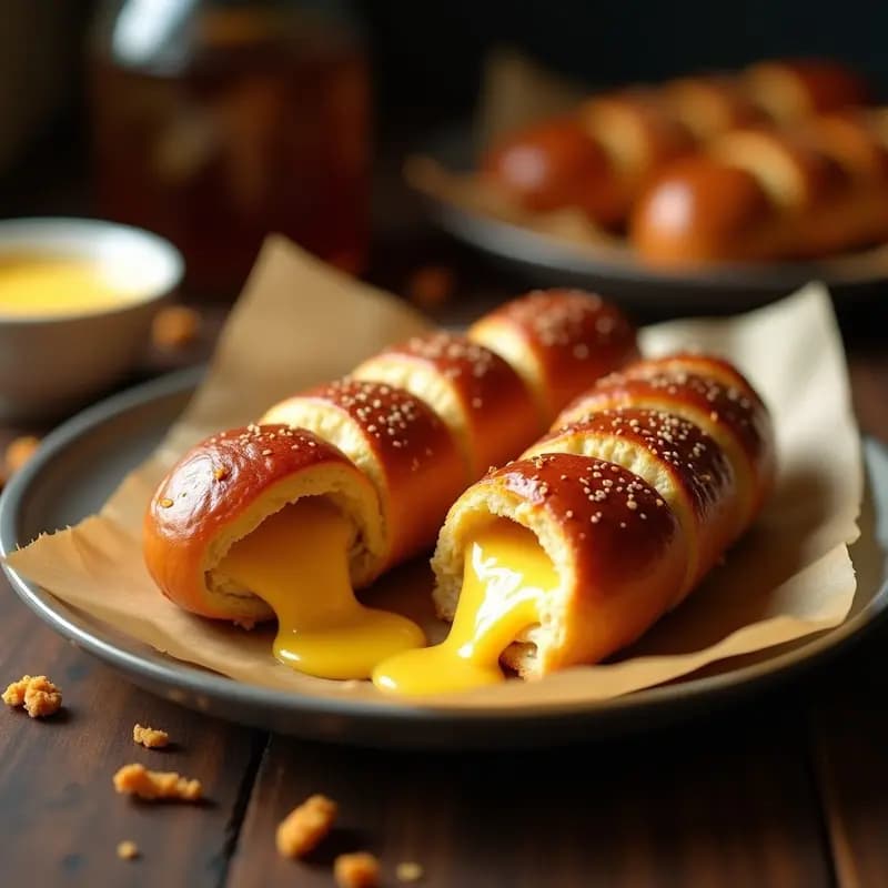 Perro Caliente envuelto en Masa de Pretzel con Queso Fundido y Salsa de mostaza-miel: bocado alemán umami