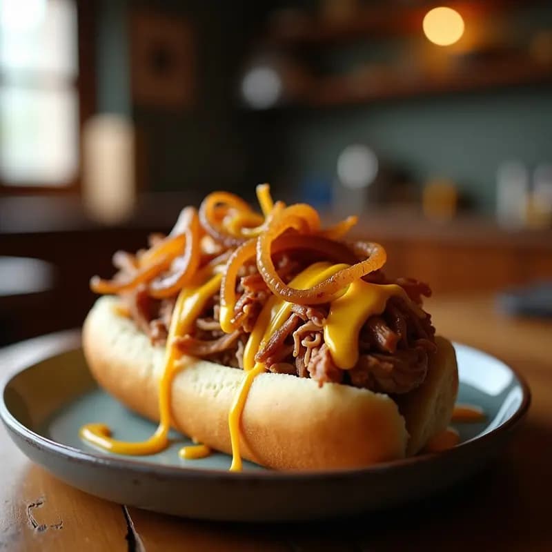 Perro Caliente de Pulled Pork con Queso Fundido y Cebolla Caramelizada: Sabores del Sur