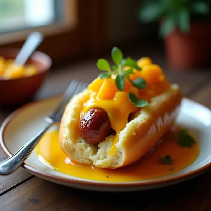 Perro Caliente con Pure de Patata, Queso Cheddar y Chutney de Mango: Receta Británica Reinventada