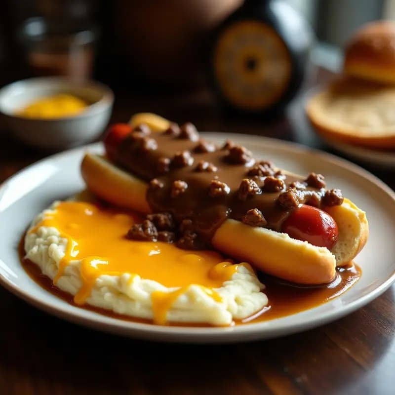 Perro caliente con puré de patatas y gravy de carne: Comfort food en su máxima expresión