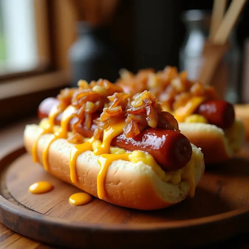 Perro Caliente con Puré de Patatas, Queso Fundido y Cebolla Caramelizada: Comida Reconfortante al Máximo