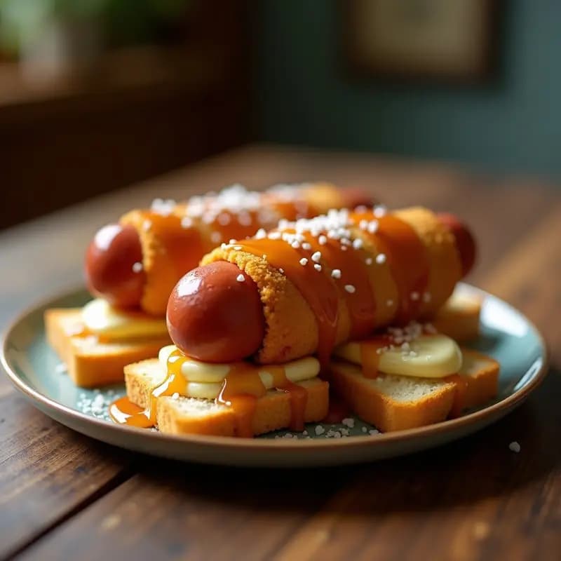 Perro Caliente con Tostadas de Queso Azul y Salsa de Caramelo Salado: Snack Dulce-Salado Adictivo
