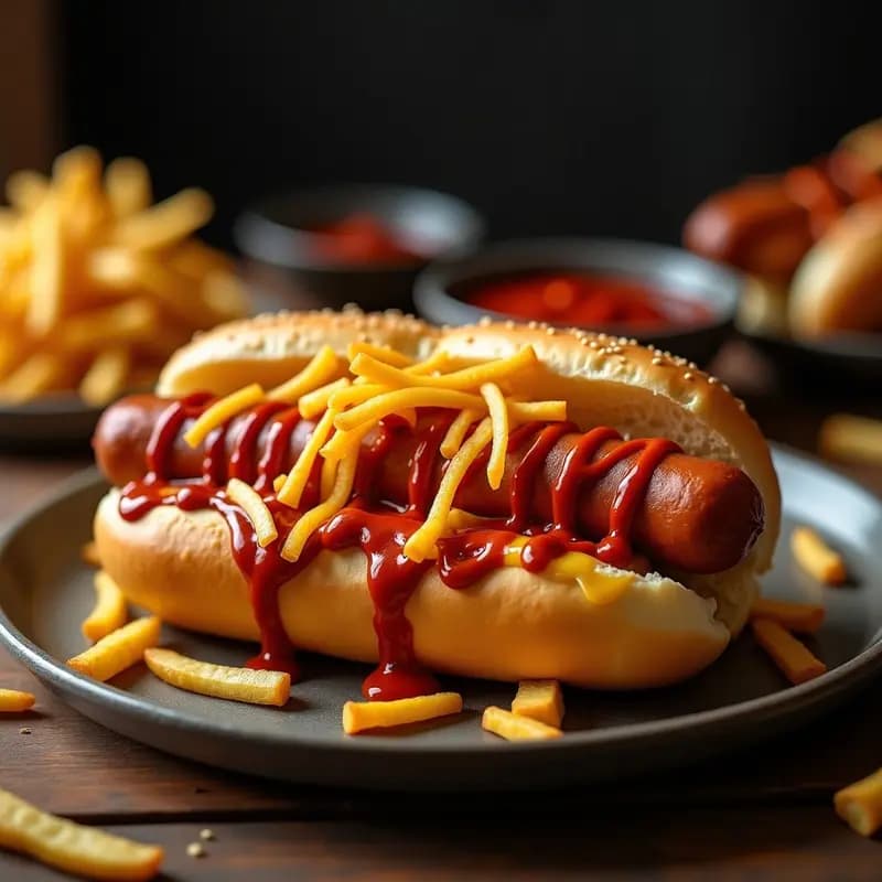 Perro Caliente de Salchicha Gigante con Pan Brioche y Toppings de Patatas Fritas: Receta de Estadio en Casa