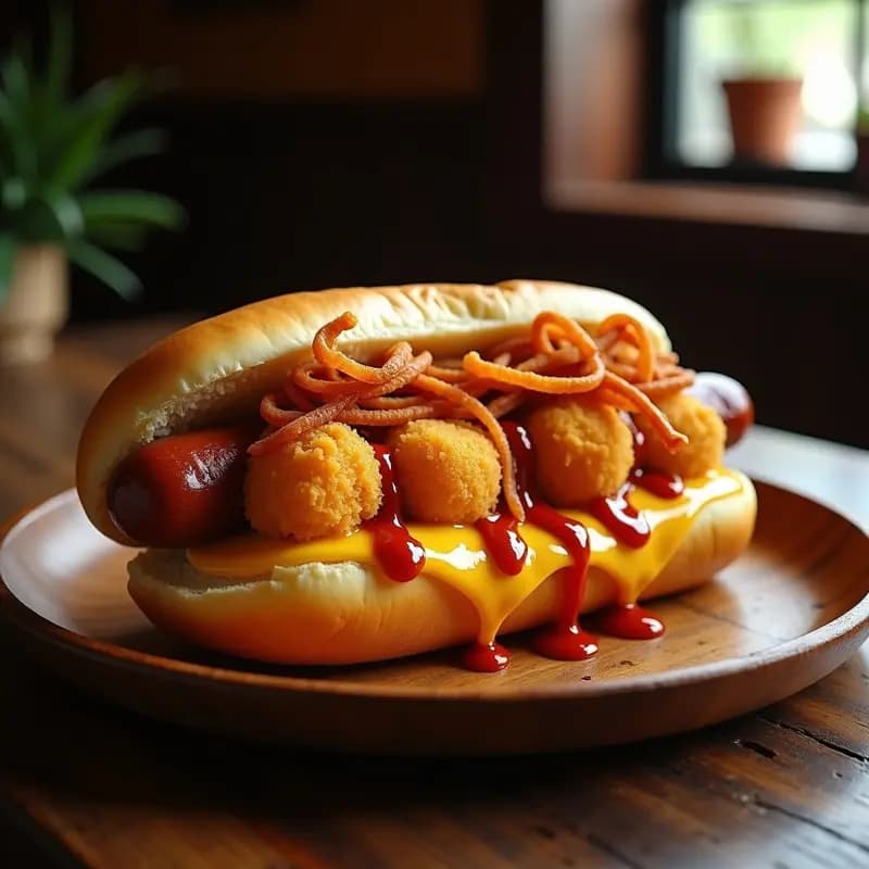 Perro Caliente de Salchicha Gigante con Puré de Papa Frito y Queso Fundido: Receta de Comida Callejera Extrema
