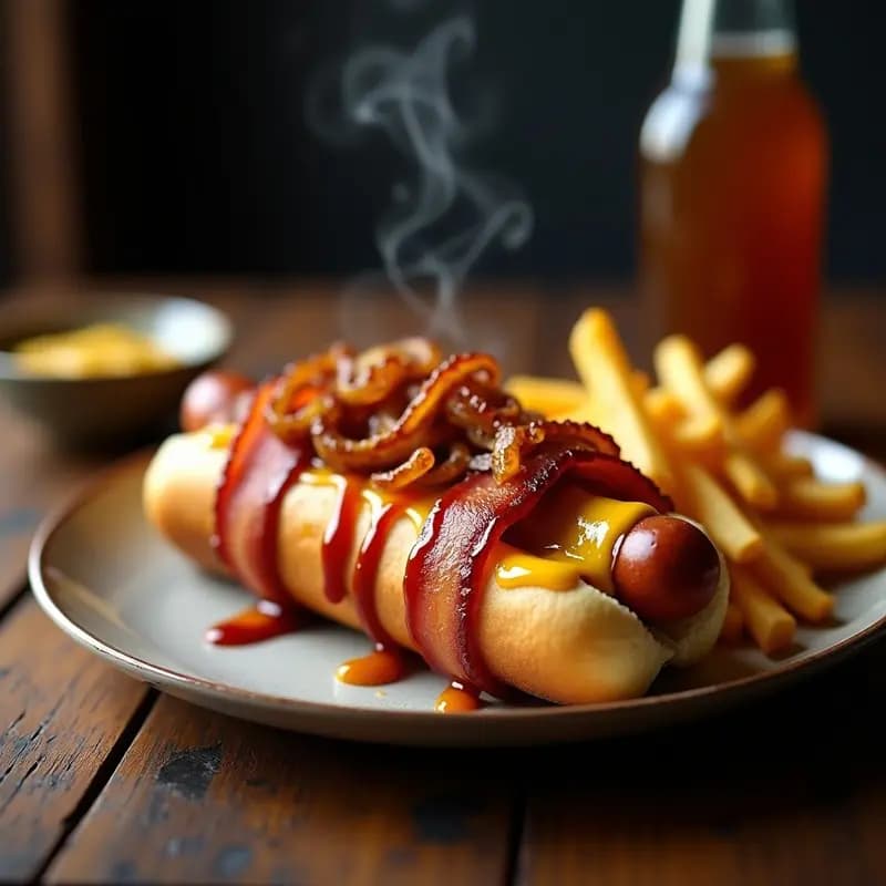 Perro Caliente Envuelto en Tocino con Queso Fundido y Patatas Fritas: Snack Ultimate para Días de Indulgencia