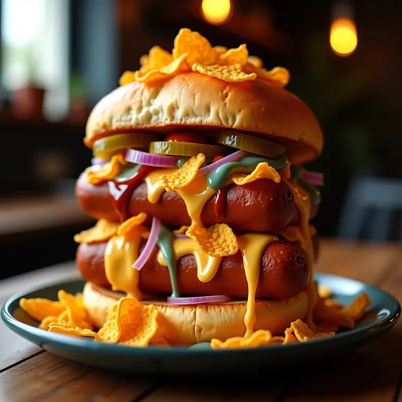 Perro Caliente Triple Capa con Doritos, Queso Nacho y Salsa de Queso Azul: El Snack que Desafía la Gravedad