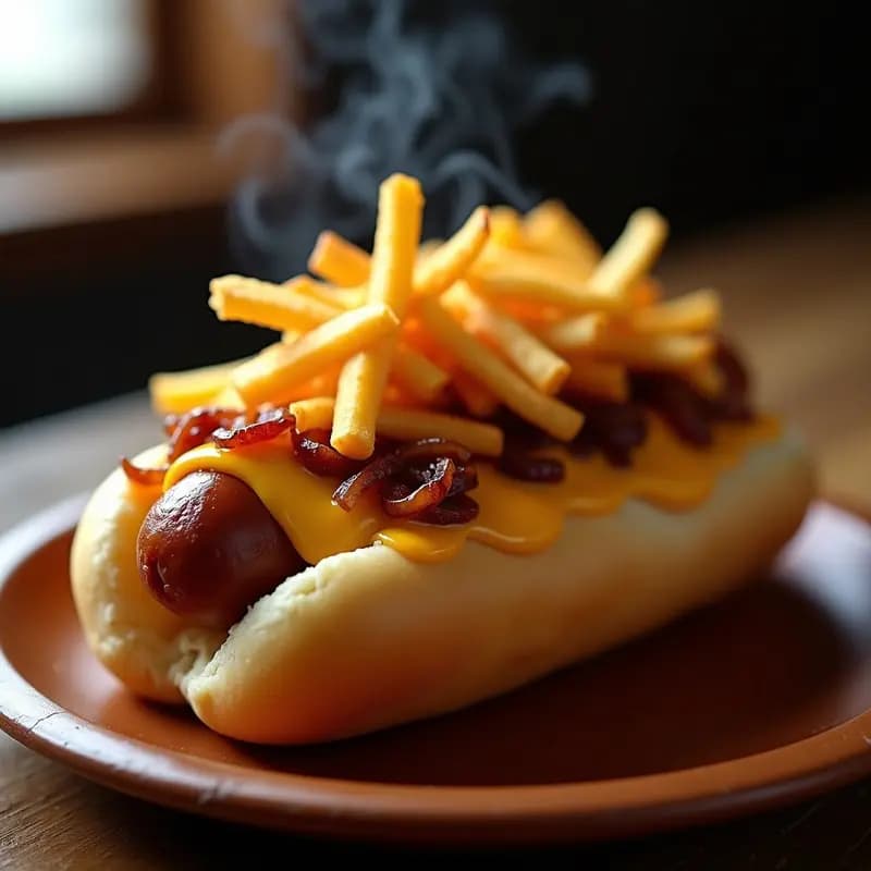 Perro Caliente de Salchicha Vienna con Queso Fundido y Topping de Papas Fritas Crujientes