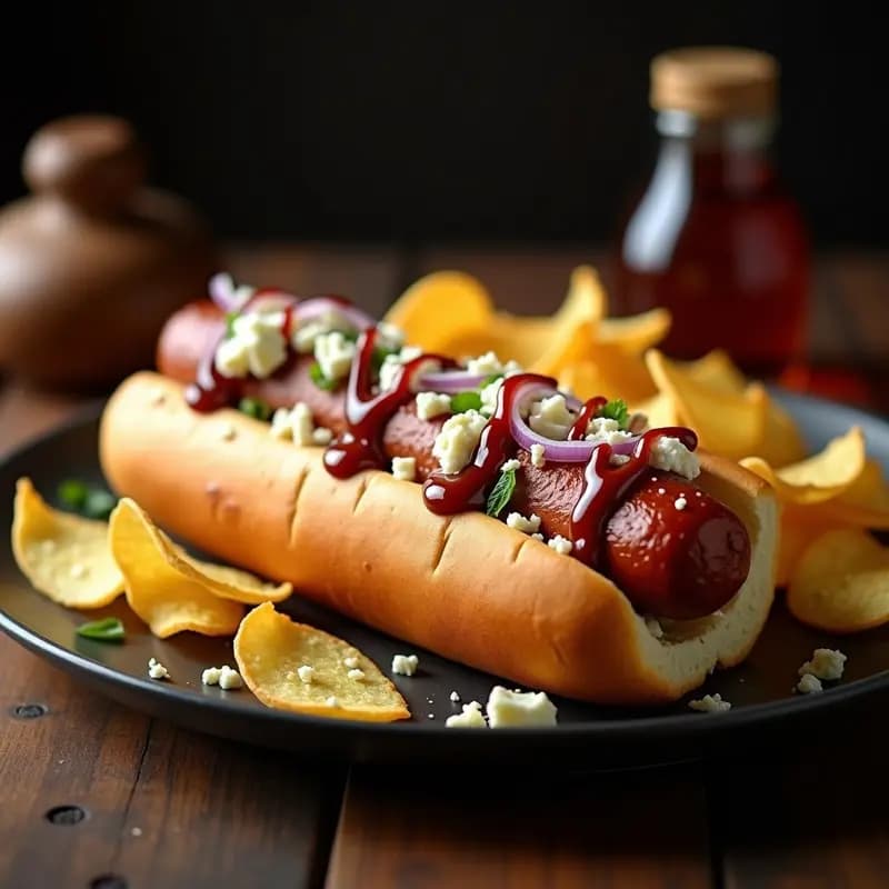 Perro Caliente XXL con Chips de Patata y Queso Azul: Snack de Feria en Casa para Devorar