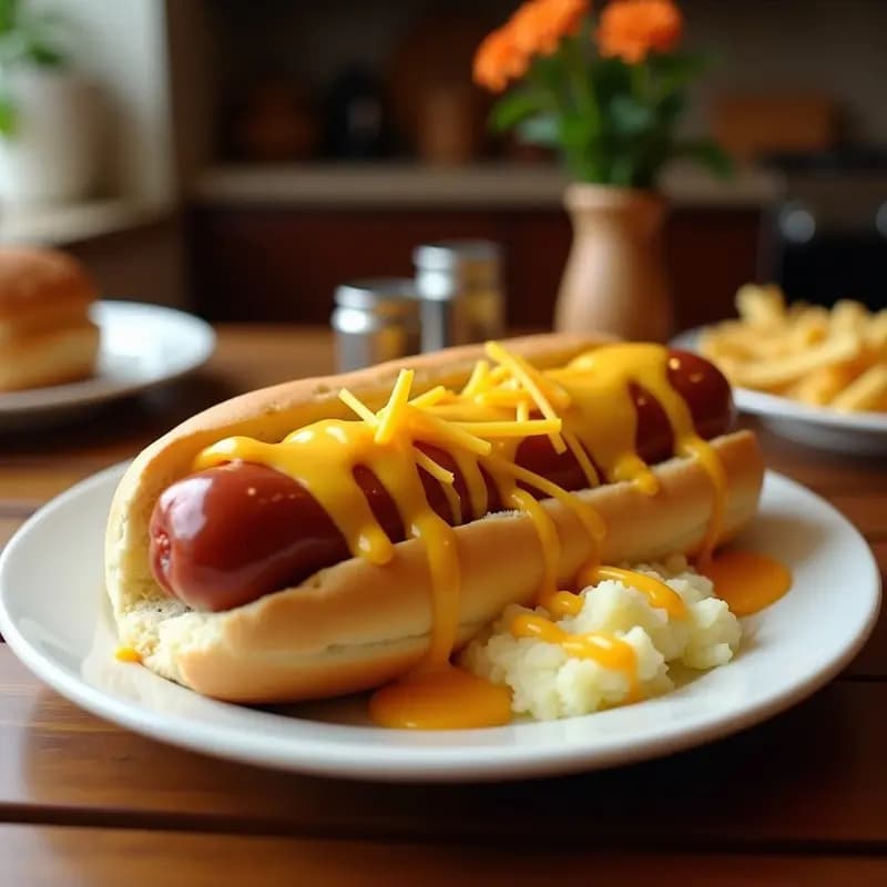Perro Caliente XXL con Puré de Papas, Queso Cheddar y Salsa de mostaza y miel: El Hot Dog más Contundente