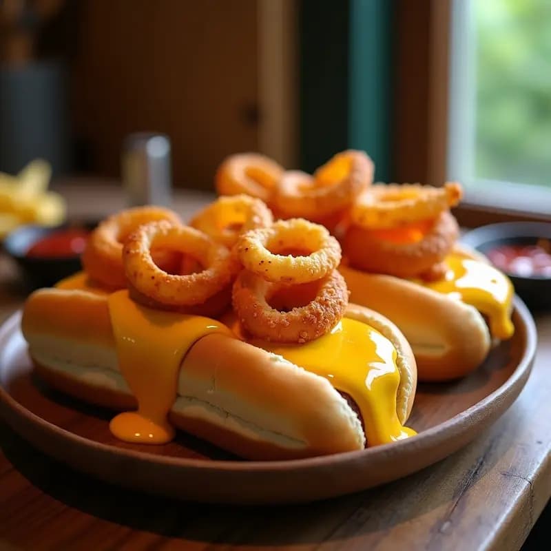 Perros Calientes Gigantes con Pan de Brioche, Queso Cheddar Derretido y Cebolla Crujiente