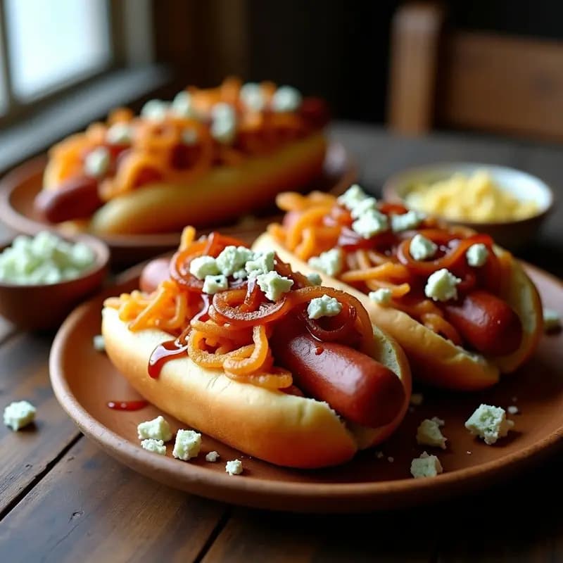 Perros Calientes con Chucrut, Queso Azul y Salsa Barbacoa Picante: Fusión de Sabores Audaces