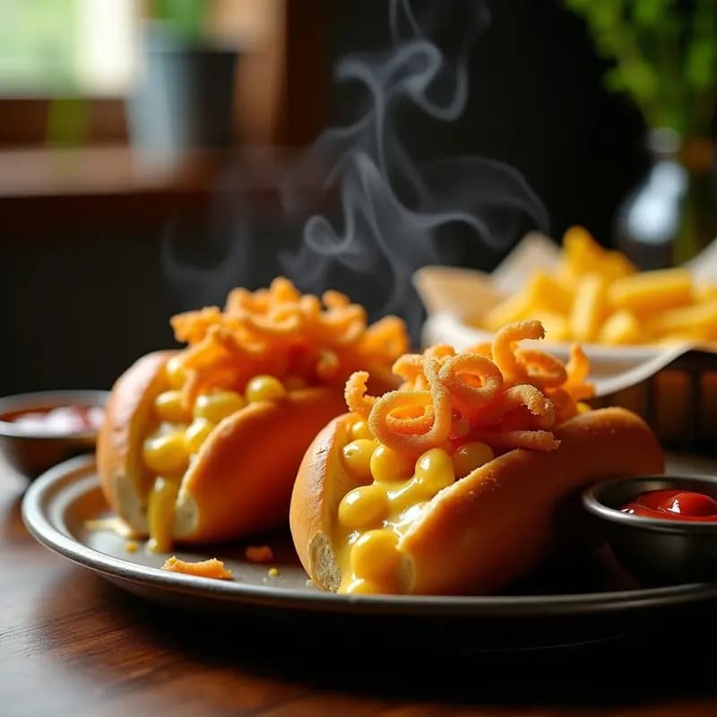 Perros Calientes con Queso Fundido Mac n’ Cheese y Cebolla Frita: Cheat meal definitivo