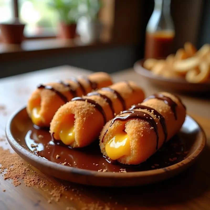 Perros Calientes Rebozados en Masa de Churros con Queso Cheddar y Sirope de Chocolate: Postre Salado o Dulce