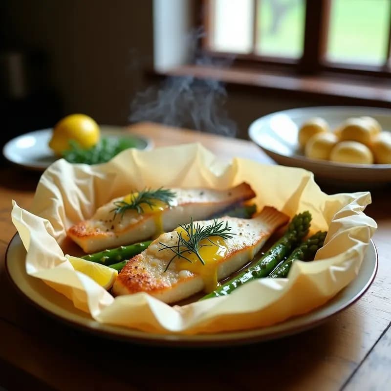 Pescado a la Sal Holandesa con Patatas y Espárragos: Receta de Alta Cocina en Papillote