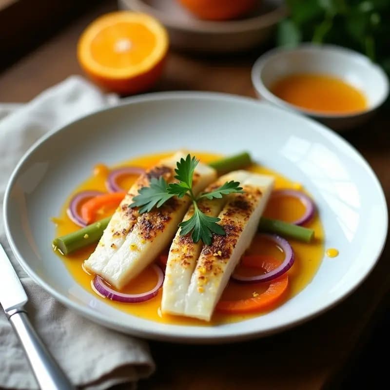 Pescado en Escabeche de Cítricos: Receta Española con Lubina y Vinagreta de Naranja