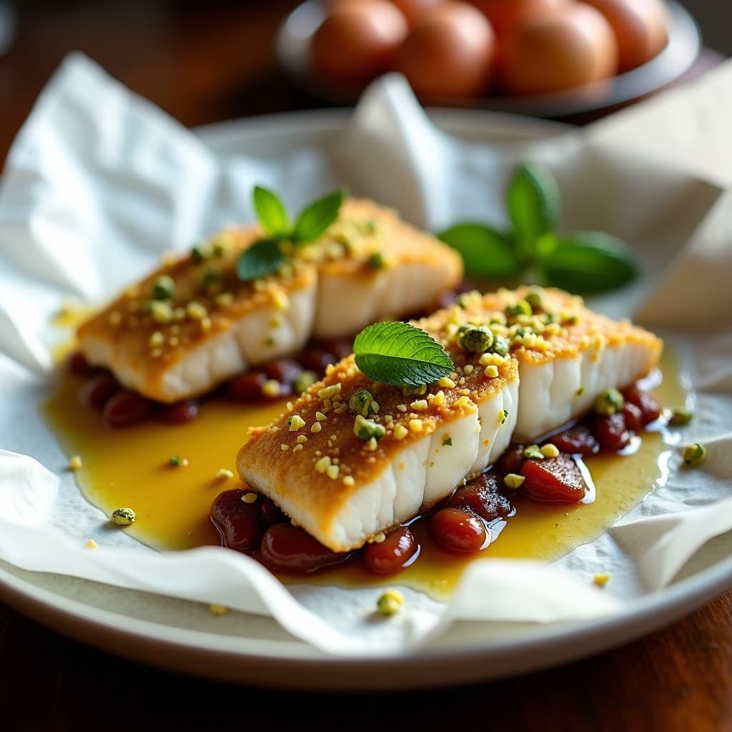 Pescado al Horno con Costra de Pistacho y Mermelada de Higos: Receta Griega en 20 Minutos