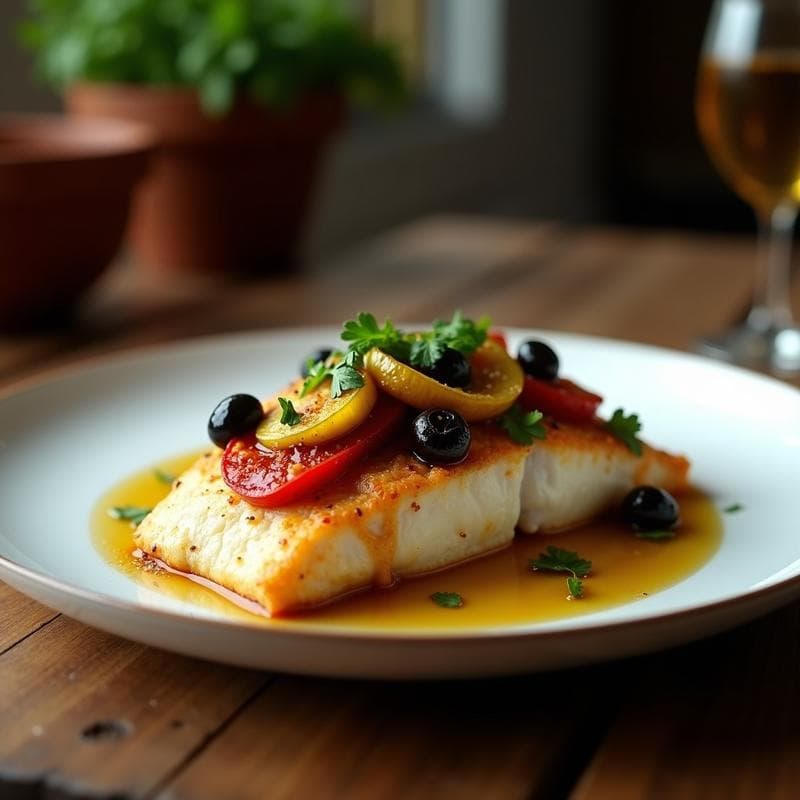Pescado al Horno con Costra de Pisto y Aceitunas: Receta Española en 25 Minutos