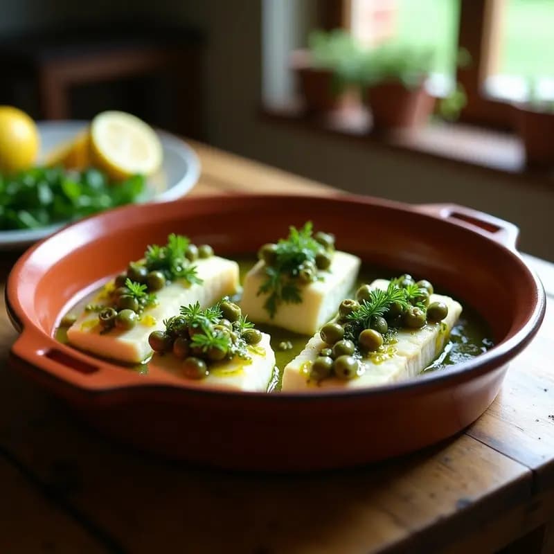 Pescado al Horno con Salsa Verde y Aceitunas Taggiasche: Receta Italiana Baja en Calorías