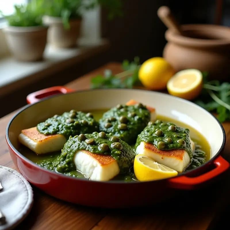 Pescado al Horno con Salsa Verde de Perejil y Alcaparras: Receta Portuguesa Sin Gluten y Alta en Omega-3