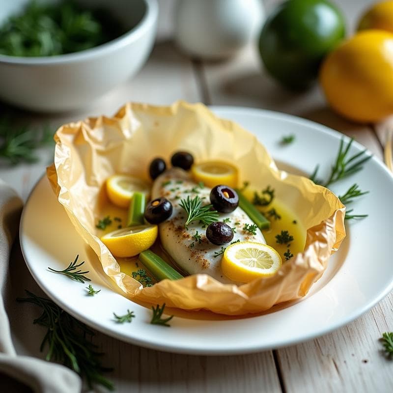 Pescado en Papillote con Limón Confitado y Aceitunas Kalamata: Receta Griega en 20 Minutos
