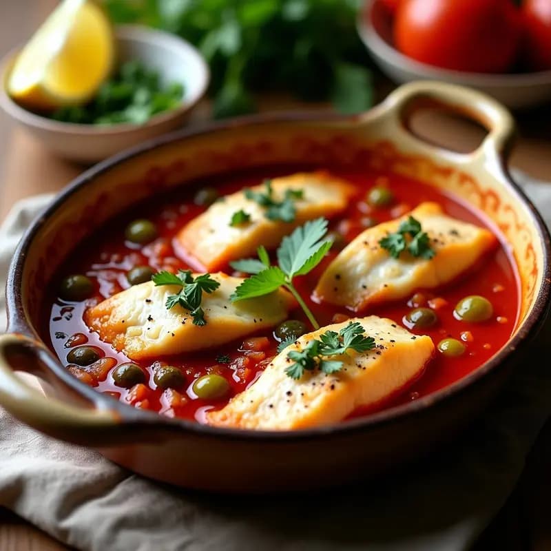 Pescado a la Talla Veracruzana: Filetes con Salsa de Tomate, Aceitunas y Alcaparras
