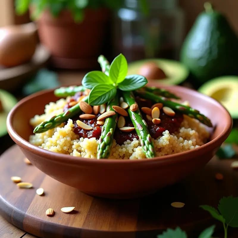 PEstado de Quinoa y Espárragos: Receta Mexicana Vegana con Salsa de Chile Pasilla