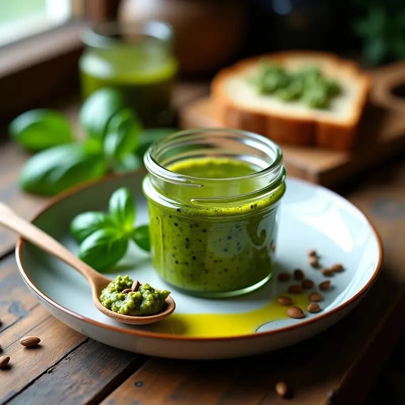Pesto de Albahaca y Esperanzas de Semilla de Girasol: Salsa Italiana Sin Lácteos y Alta en Omega-6