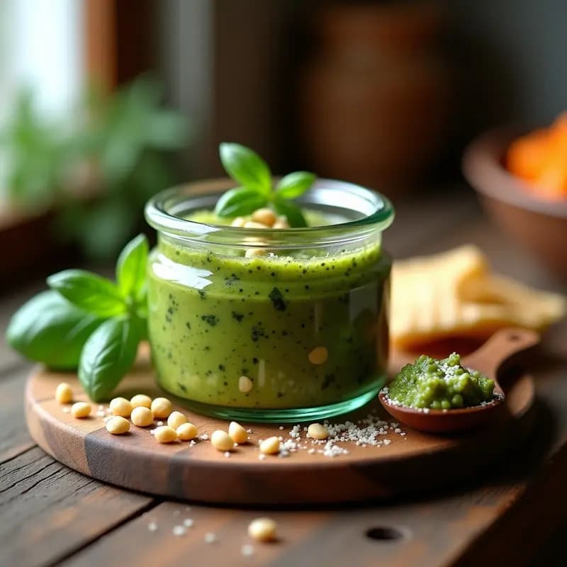 Pesto de Albahaca y Piñones con Parmesano: Salsa Italiana Versátil y Rápida