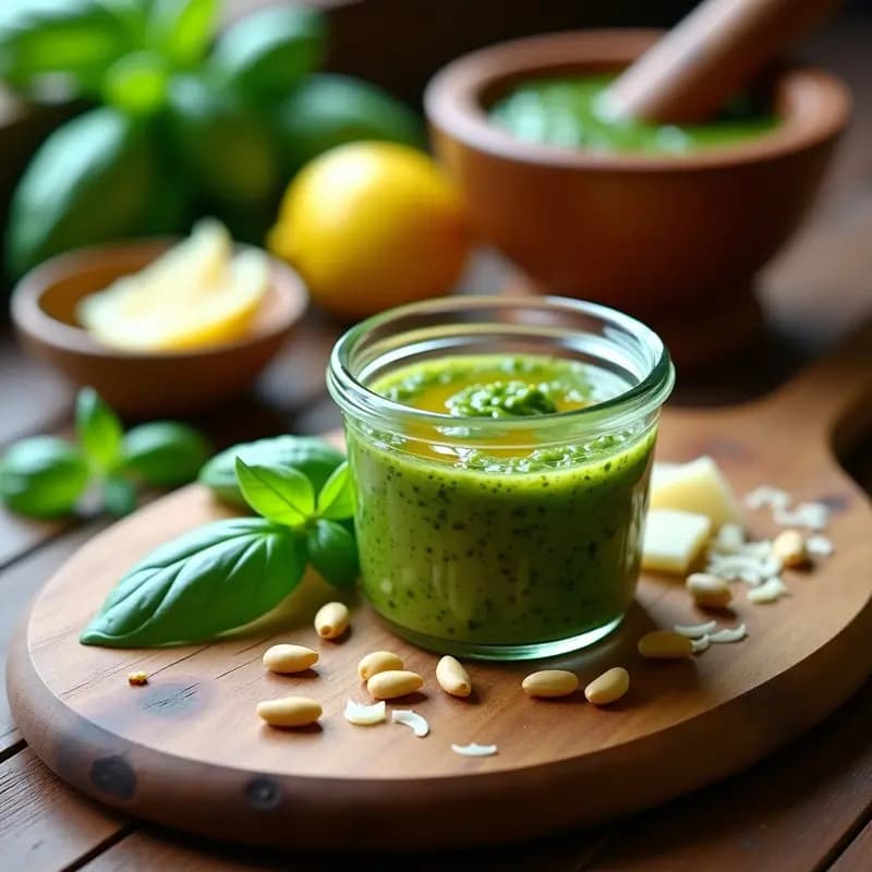 Pesto de Albahaca y Piñones con Queso Pecorino: Salsa Italiana Tradicional en 5 Minutos