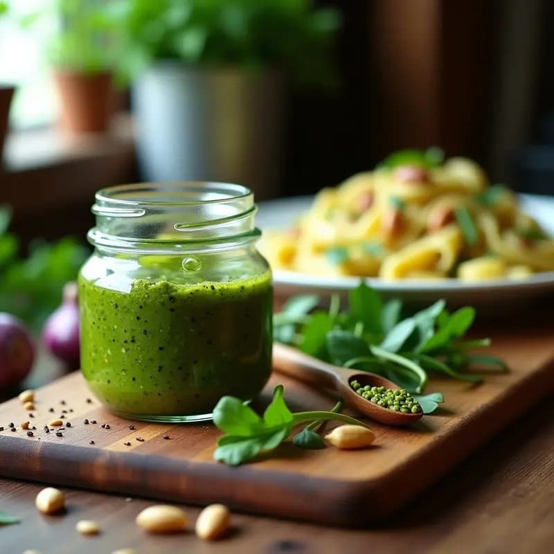 Pesto de Rúcula y Piñones: Salsa Italiana Vegana para Pastas y Ensaladas
