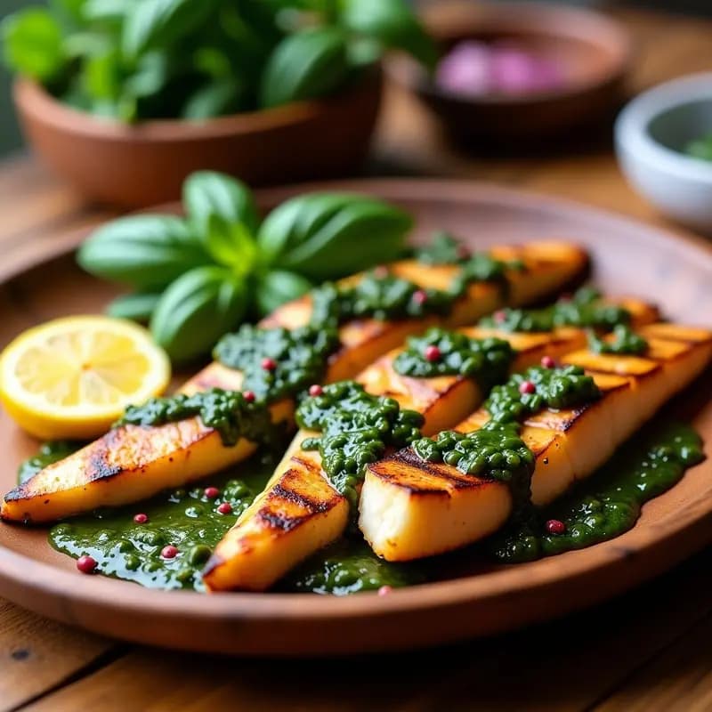 Pez Espada a la Parrilla con Chimichurri de Albahaca y Ajo Negro