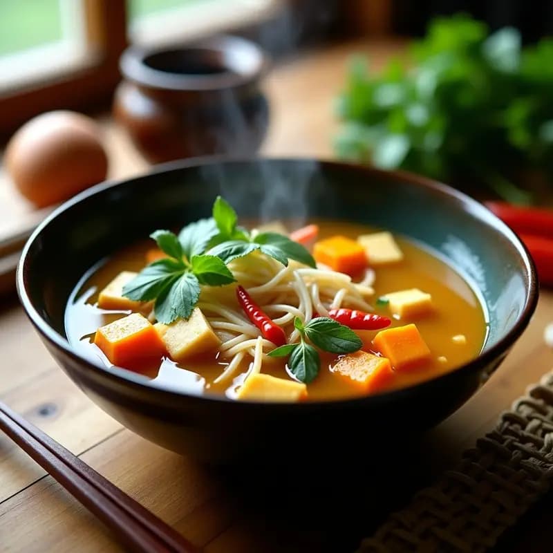 Pha Lau Vietnamita de Calabaza: Sopa de Fideos con Tofu y Hierbas Aromáticas