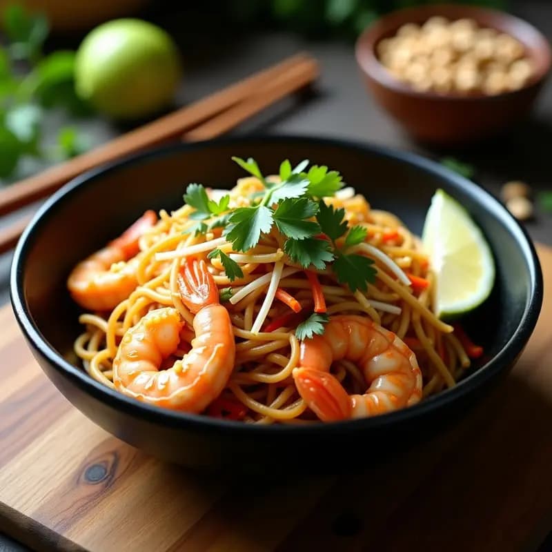 Phad Thai de Camarones con Fideos de Arroz y Tamarindo: Receta Tailandesa Clásica