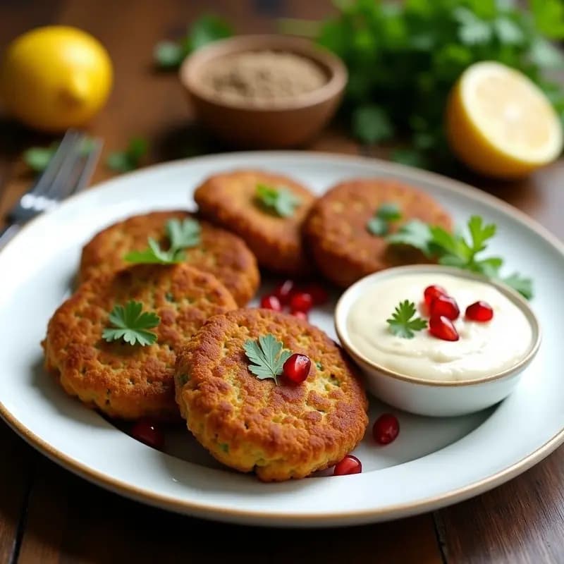 Phalafel iraquí de garbanzos y cilantro: Croquetas fritas con tahini y granada