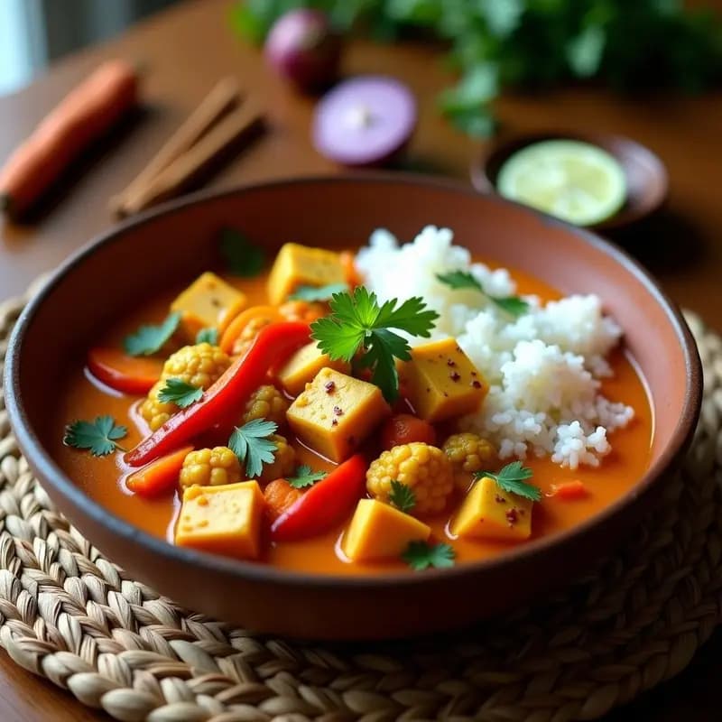 Phalen de Verduras y Tofu: Curry Birmano Vegano con Arroz Basmati en Olla Rápida