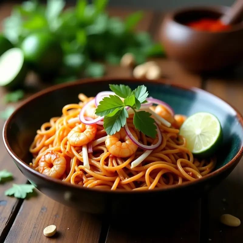 Phao Thai de Camarones y Fideos de Arroz: Receta Laosiana con Cacahuetes y Lima en Wok