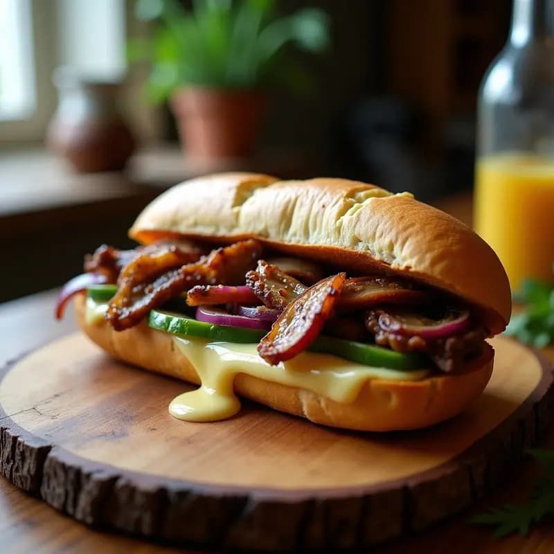 Philly Cheesesteak Vegano con Seitán y Queso de Anacardos: Sandwich Estadounidense en 25 Minutos