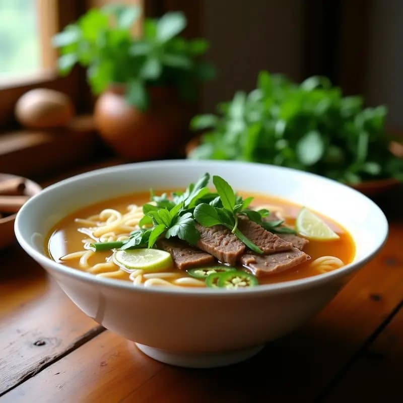 Phở Boeuf con Hierbas Vietnamita: Sopa de Fideos con Carne y Caldo de 24 Horas