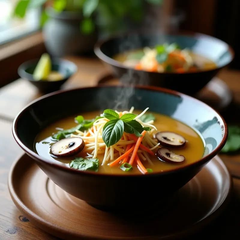 Pho Vegano de Champiñones Portobello: Sopa Vietnamita con Brotes de Soja y Albahaca Fresca