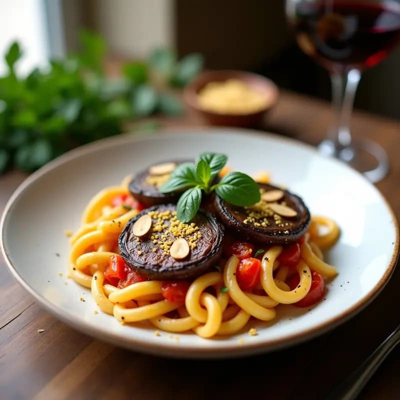 Pici al Aglione con Champiñones Portobello: Pasta Italiana Vegana y Sin Gluten