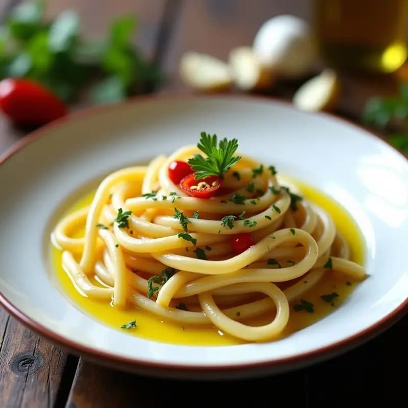 Pici al Aglio e Olio con Guindilla y Perejil: Pasta Italiana Baja en Calorías