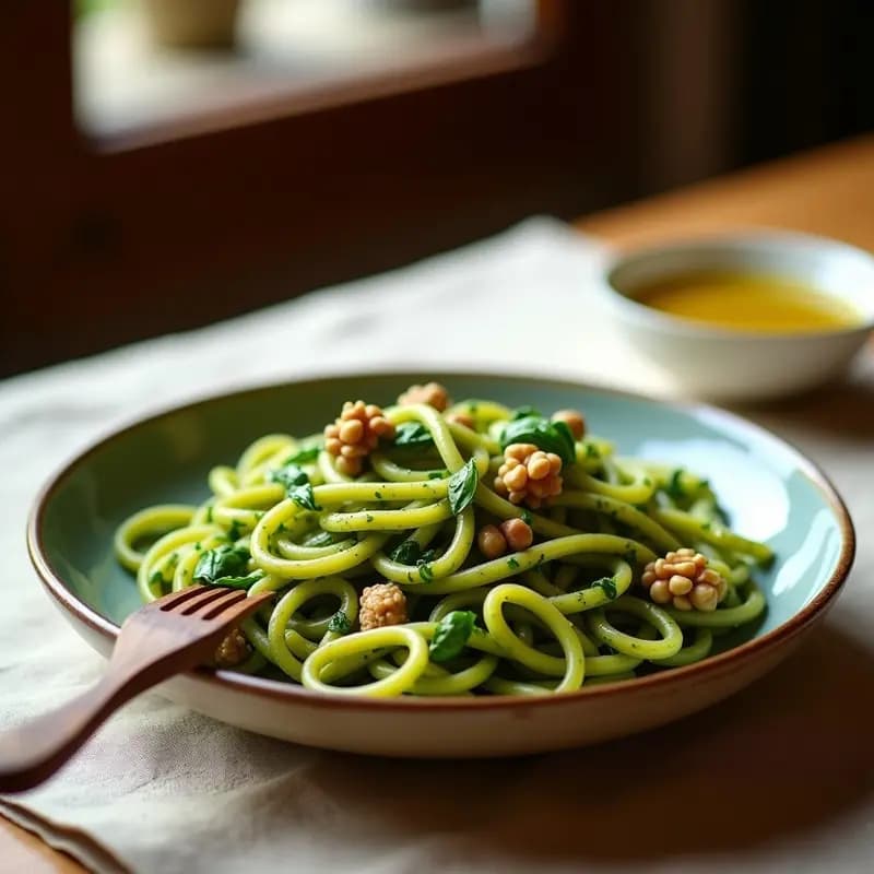 Pici Italianos con Pesto de Espinacas y Nueces: Receta Sin Lactosa en Thermomix