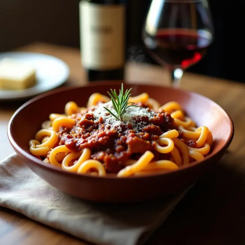 Pici al Ragù Toscano: Pasta Casera con Salsa de Carne y Vino Tinto