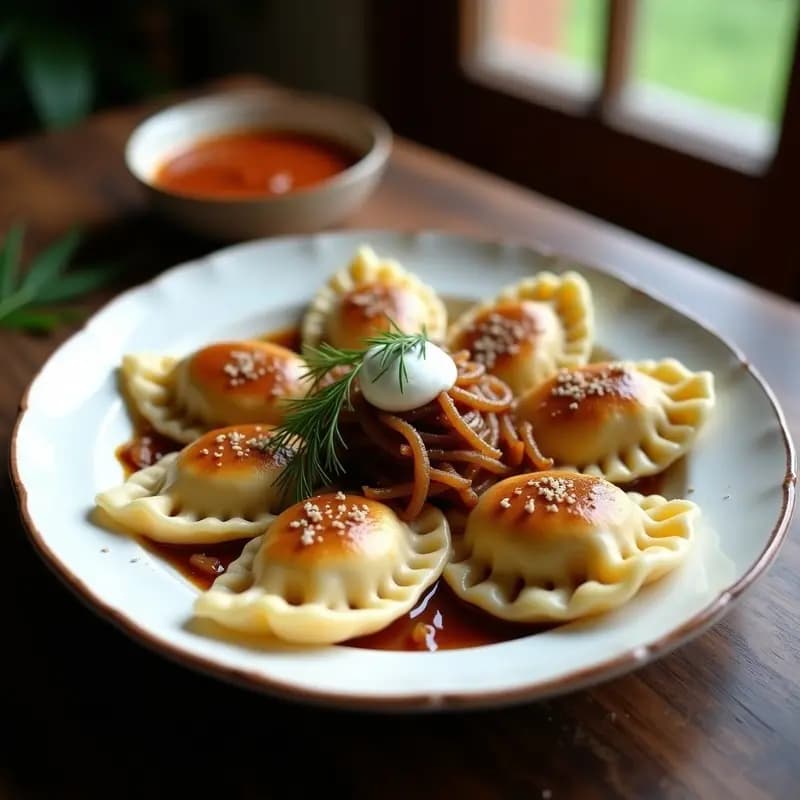 Pierogi ucraniano de chucrut y champiñones: Empanadillas rellenas con topping de cebolla caramelizada