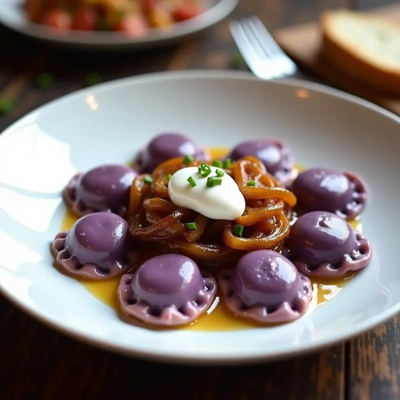 Pierogi de Papa Morada y Queso Azul con Cebolla Caramelizada: Receta Polaca Gourmet