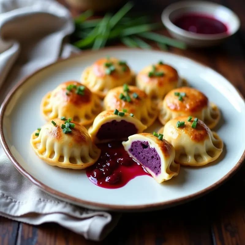 Pierogi Rellenos de Patata Morada y Queso de Almendras: Receta Polaca Vegana y Colorida