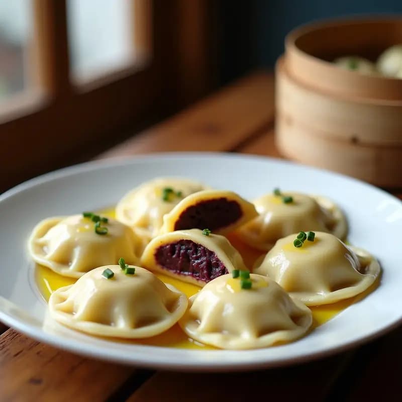 Pierogi Polacos de Patata Morada y Queso de Cúrcuma: Empanadillas al Vapor con Toque Colorido